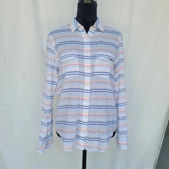 Aeropostale Stripe Button Front Collared Shirt White Blue Peach Lightweight Sz M - Picture 1 of 9